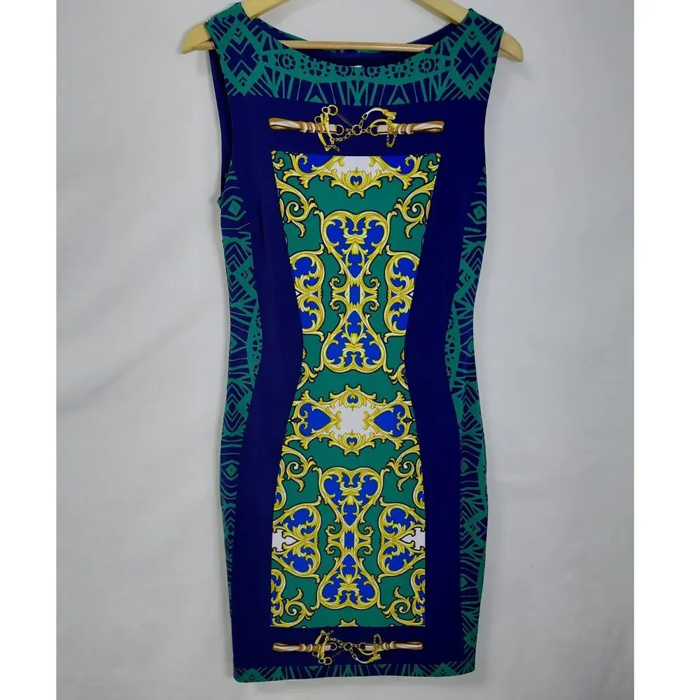 Cache Blue Sheath Knee Length Geometric Dress Women Size M